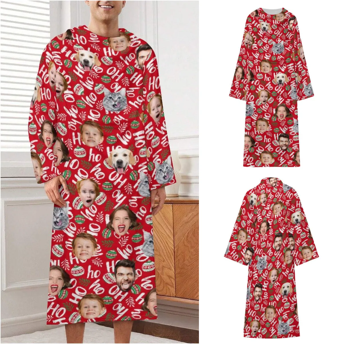 Flannel Wearable Blanket Robe Custom Face Covered Robe Oversized Hoodie Fleece Blanket Christmas Gift