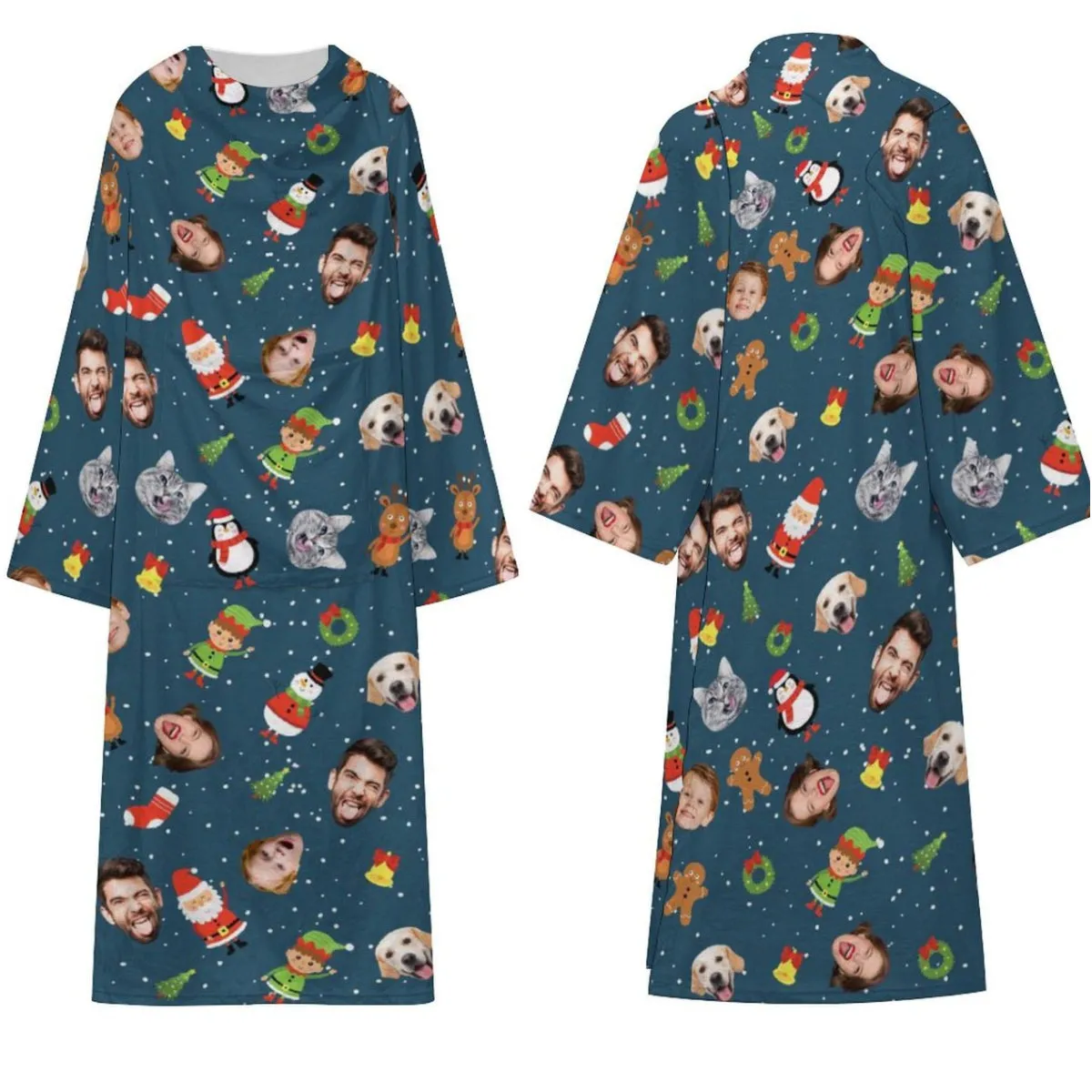Flannel Wearable Blanket Robe Custom Face Covered Robe Oversized Hoodie Fleece Blanket Christmas Gift