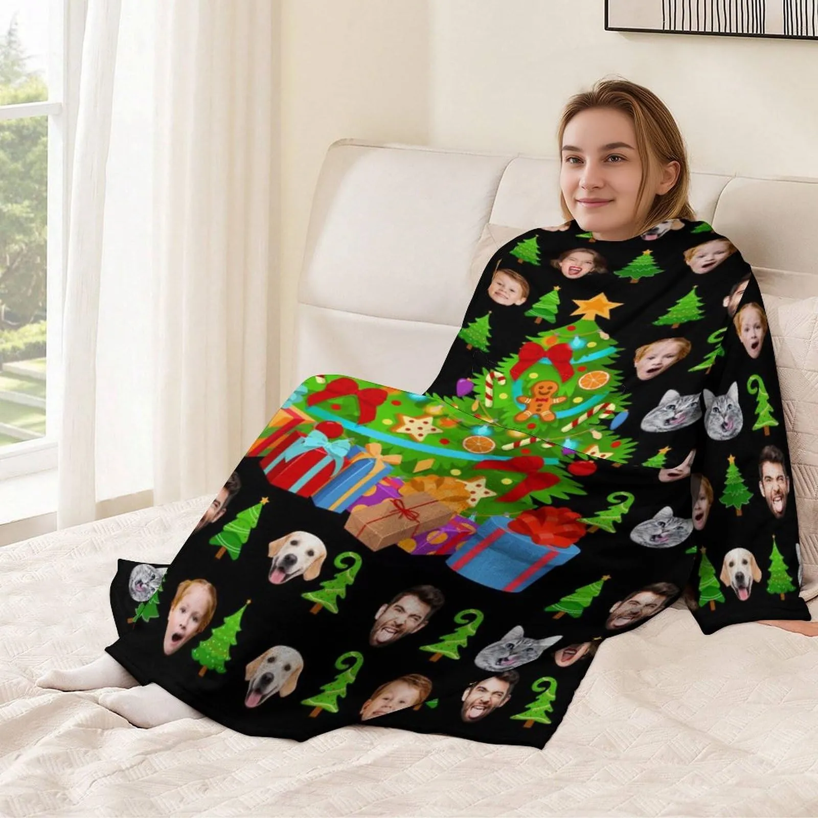 Flannel Wearable Blanket Robe Custom Face Covered Robe Oversized Hoodie Fleece Blanket Christmas Gift