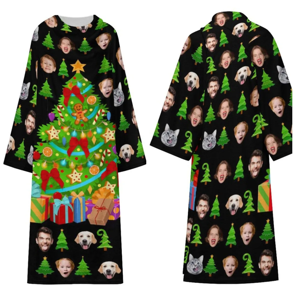 Flannel Wearable Blanket Robe Custom Face Covered Robe Oversized Hoodie Fleece Blanket Christmas Gift