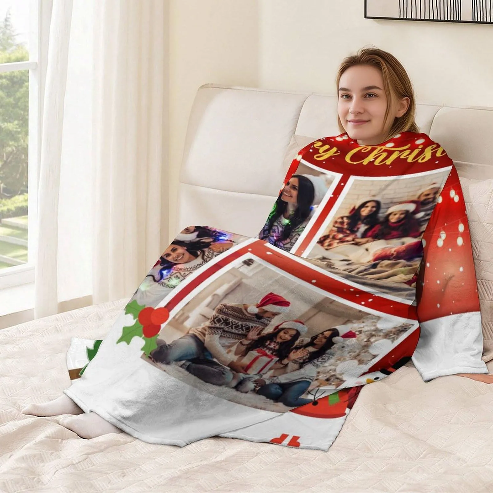 Flannel Wearable Blanket Robe Custom Photo Covered Robe Oversized Hoodie Fleece Blanket Christmas Gift