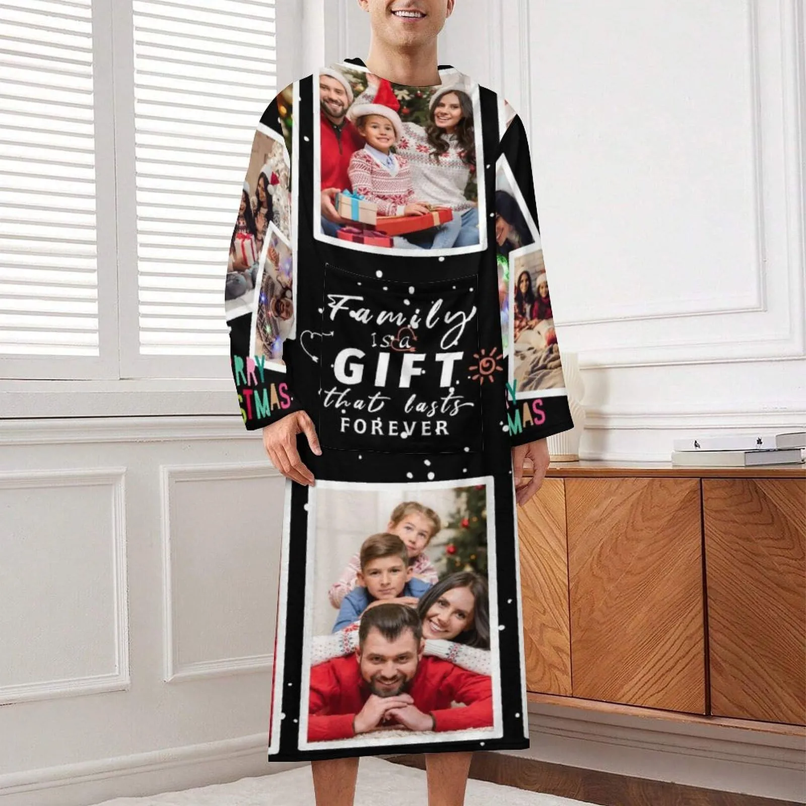 Flannel Wearable Blanket Robe Custom Photo Covered Robe Oversized Hoodie Fleece Blanket Christmas Gift