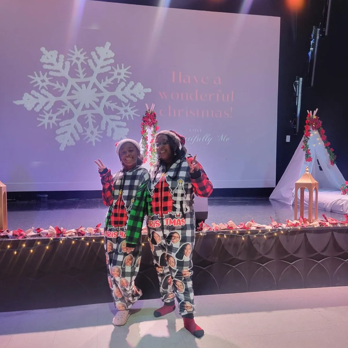 Funny Flannel Fleece Adult Onesie Pajamas Custom Face Christmas Red-Green Splice Jumpsuit Homewear