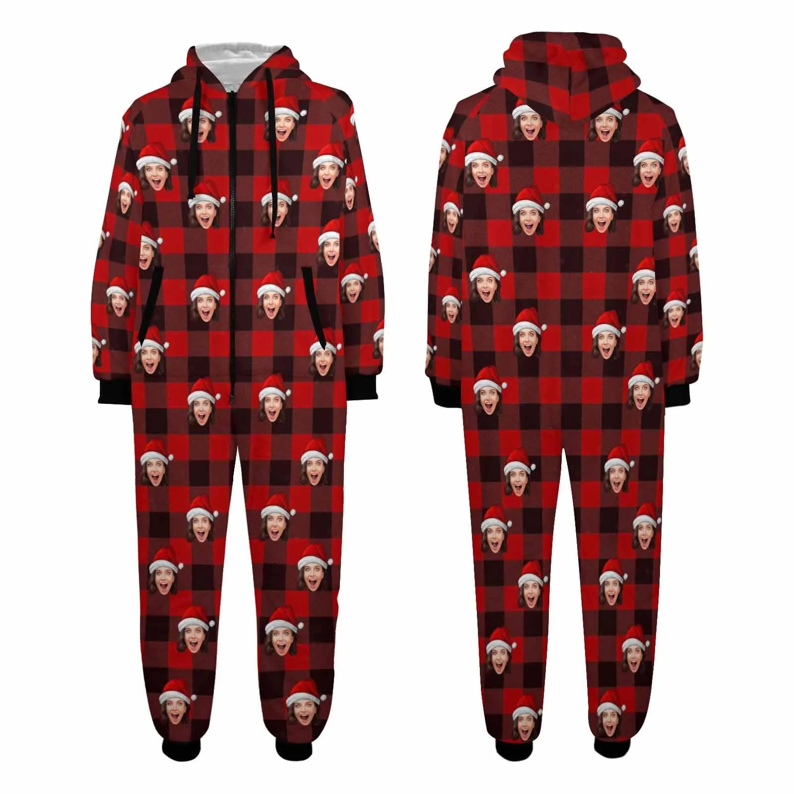 Funny Flannel Fleece Adult/Kid Onesie Pajamas Custom Face Christmas Buffalo Check Jumpsuit Homewear