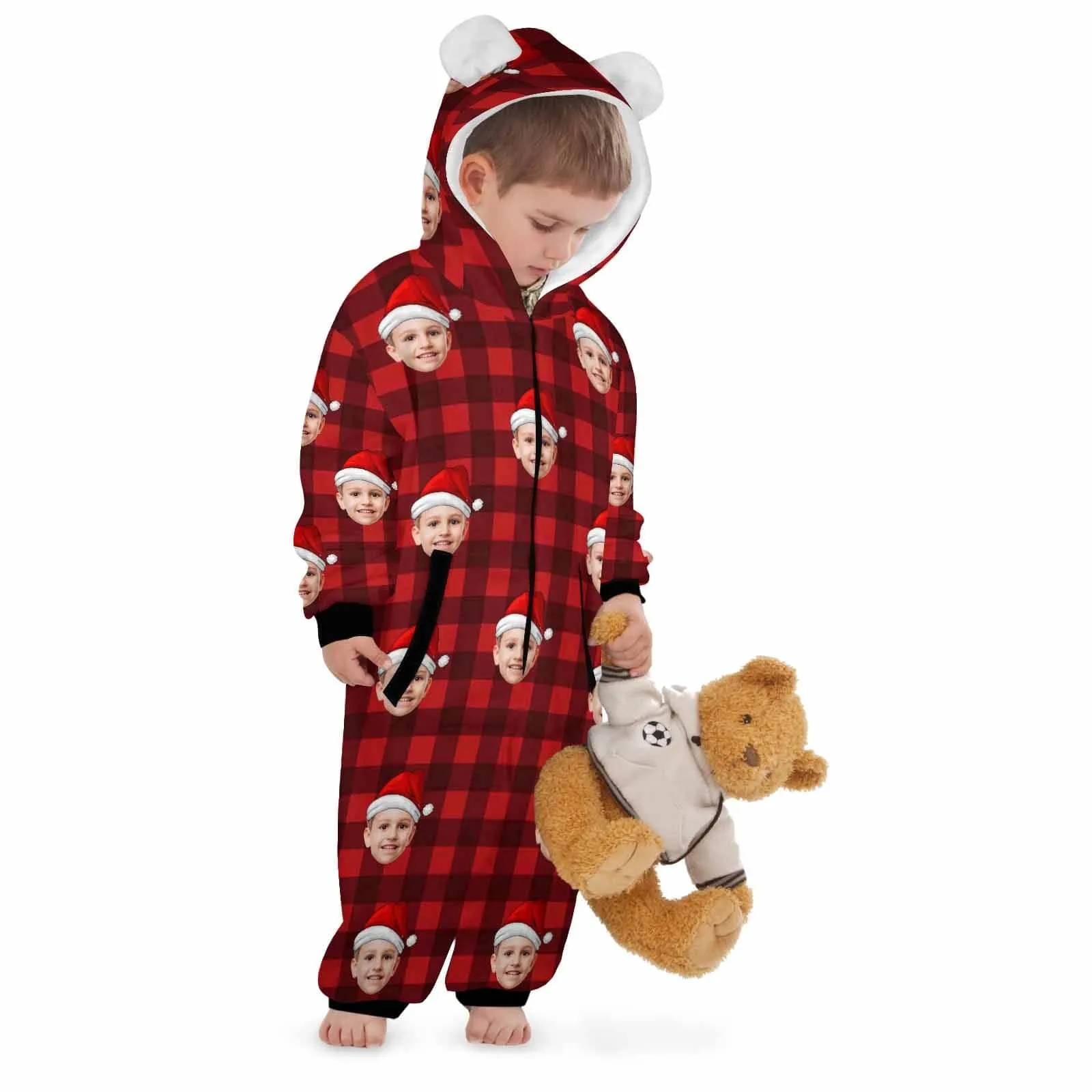 Funny Flannel Fleece Adult/Kid Onesie Pajamas Custom Face Christmas Buffalo Check Jumpsuit Homewear