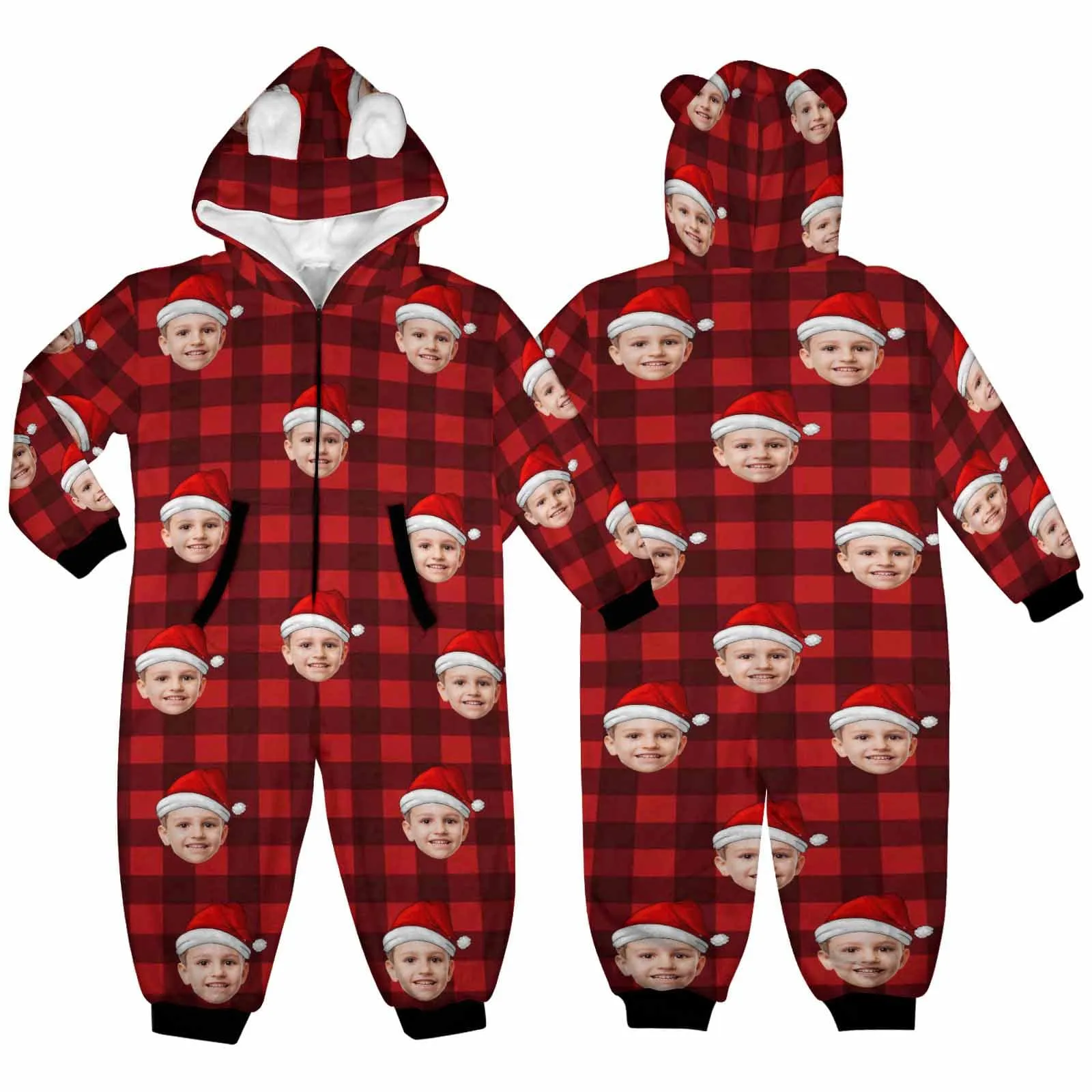Funny Flannel Fleece Adult/Kid Onesie Pajamas Custom Face Christmas Buffalo Check Jumpsuit Homewear