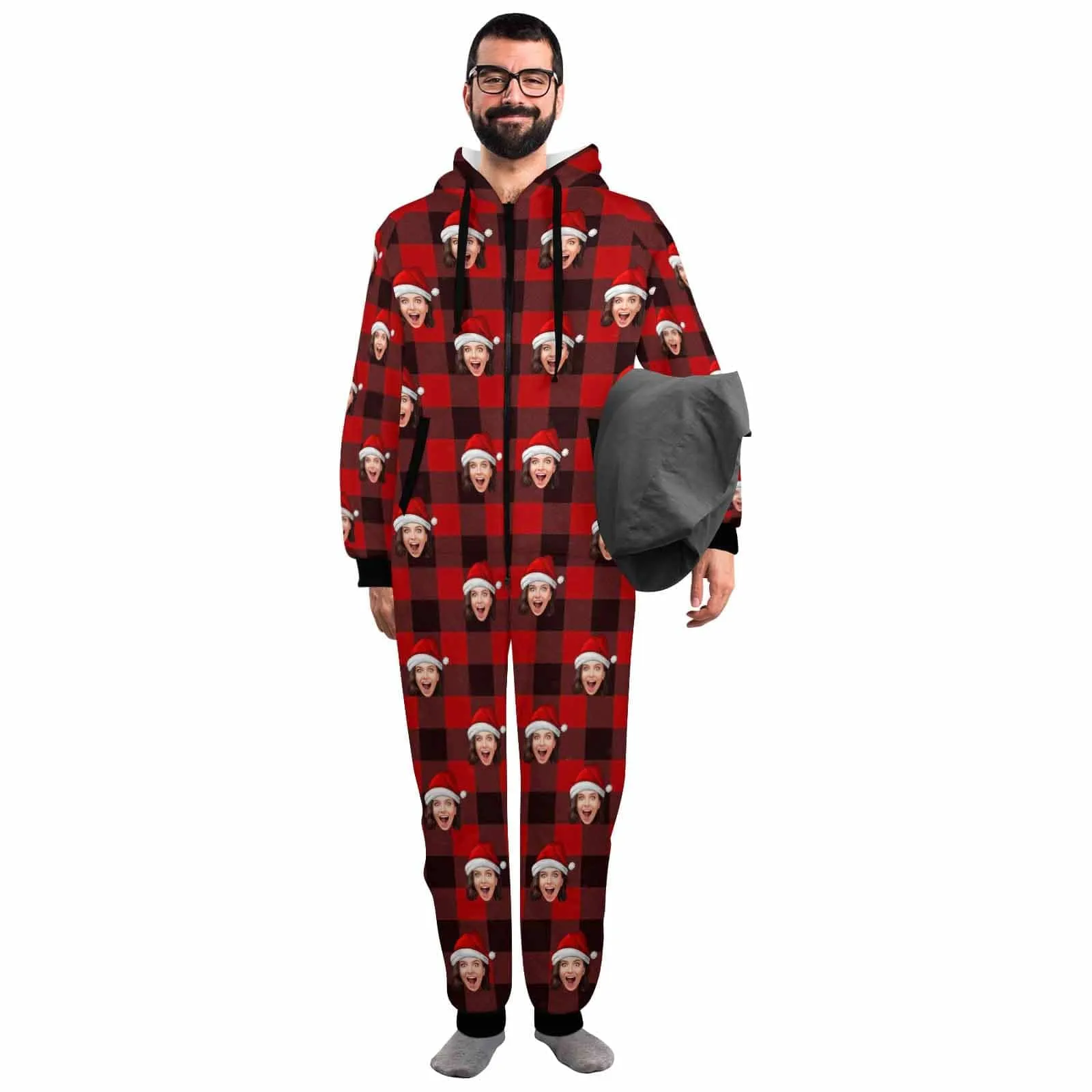 Funny Flannel Fleece Adult/Kid Onesie Pajamas Custom Face Christmas Buffalo Check Jumpsuit Homewear