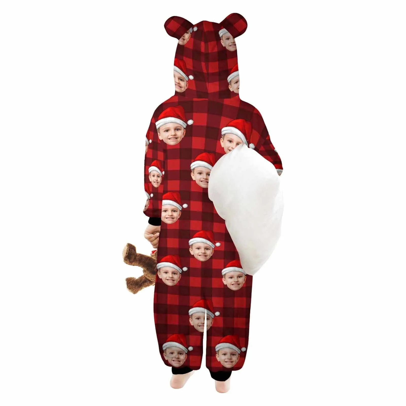 Funny Flannel Fleece Adult/Kid Onesie Pajamas Custom Face Christmas Buffalo Check Jumpsuit Homewear