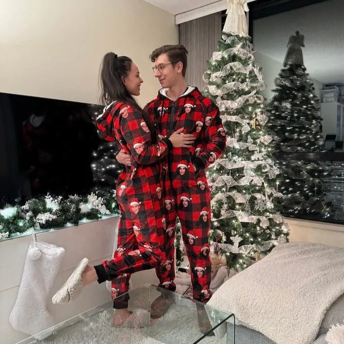 Funny Flannel Fleece Adult/Kid Onesie Pajamas Custom Face Christmas Buffalo Check Jumpsuit Homewear