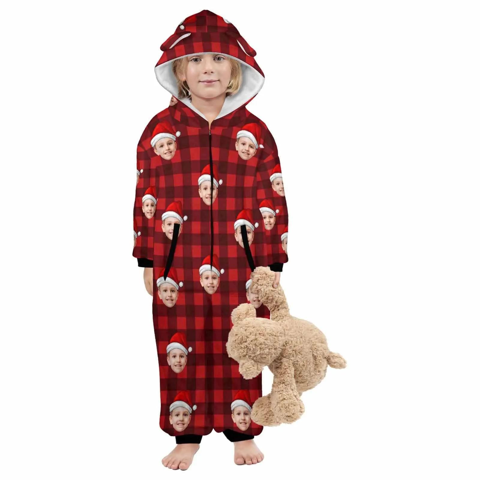 Funny Flannel Fleece Adult/Kid Onesie Pajamas Custom Face Christmas Buffalo Check Jumpsuit Homewear