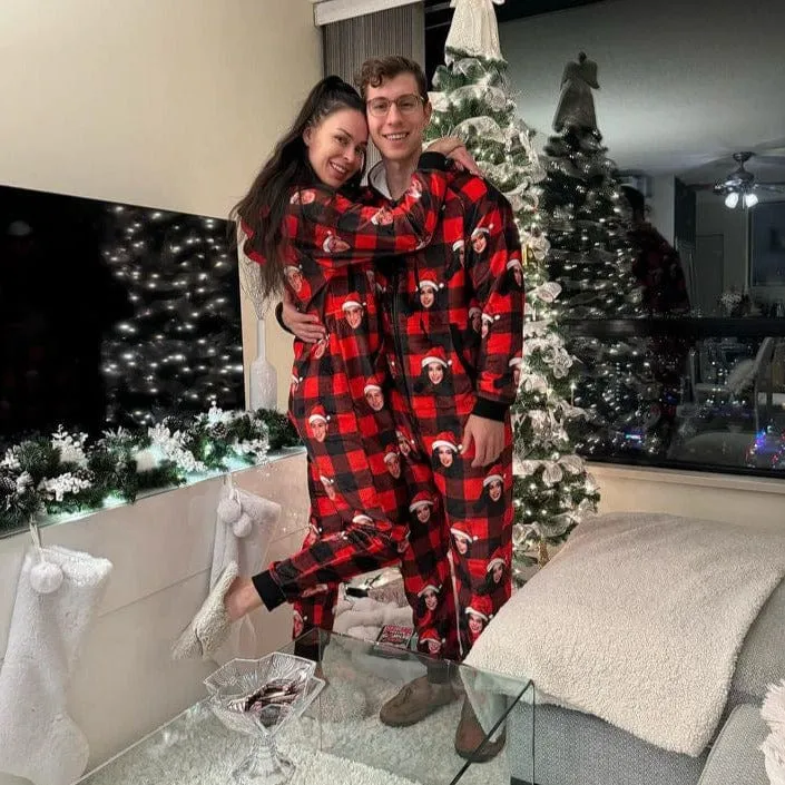 Funny Flannel Fleece Adult/Kid Onesie Pajamas Custom Face Christmas Buffalo Check Jumpsuit Homewear