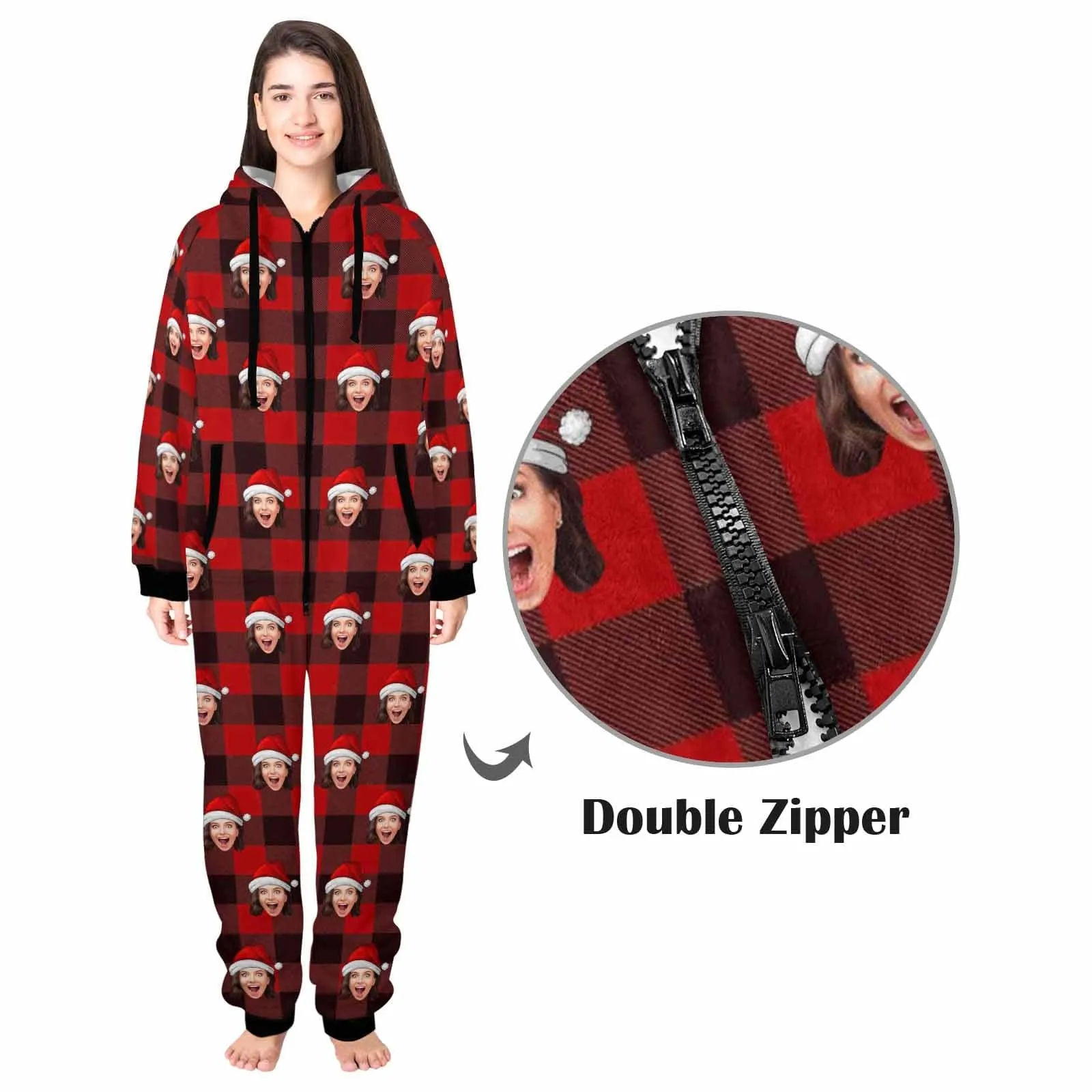 Funny Flannel Fleece Adult/Kid Onesie Pajamas Custom Face Christmas Buffalo Check Jumpsuit Homewear