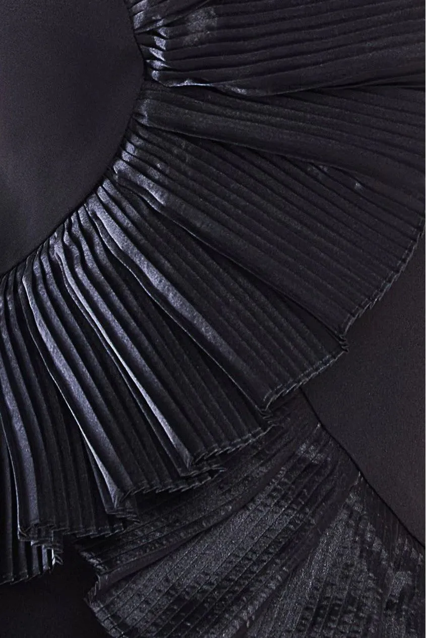 Goddiva One Shoulder Pleated Fan Maxi Dress - Black