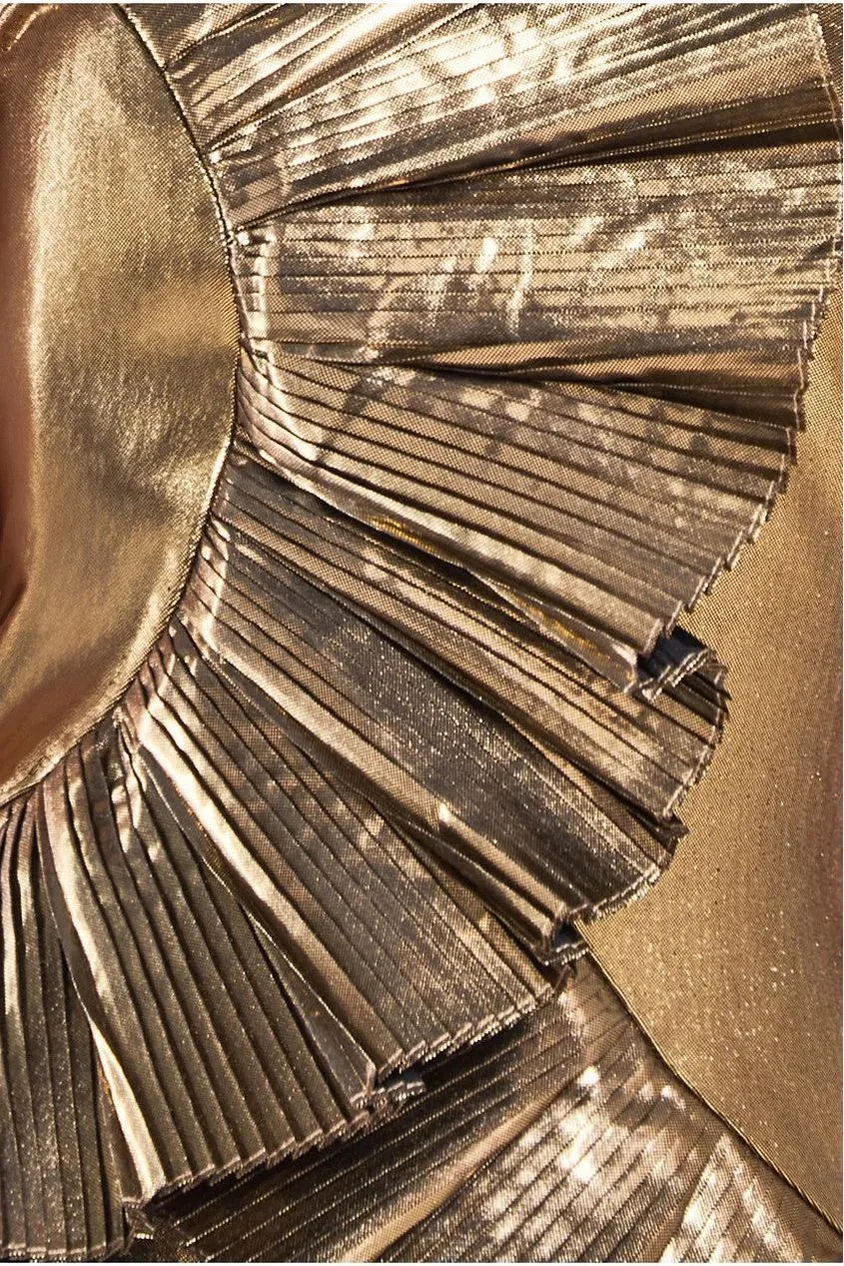 Goddiva One Shoulder Pleated Fan Maxi Dress - Gold