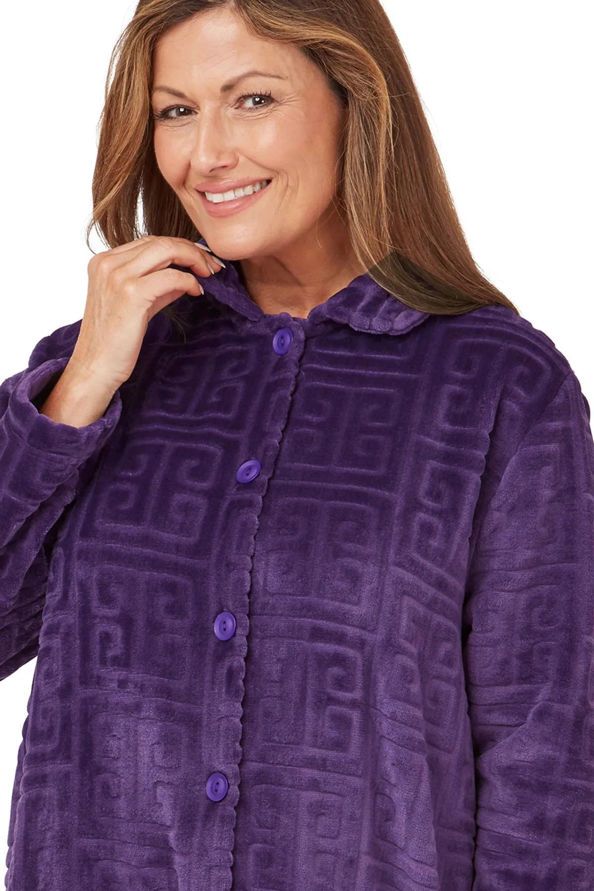 Greek Key Motif Embossed Fleece Button-Through Housecoat