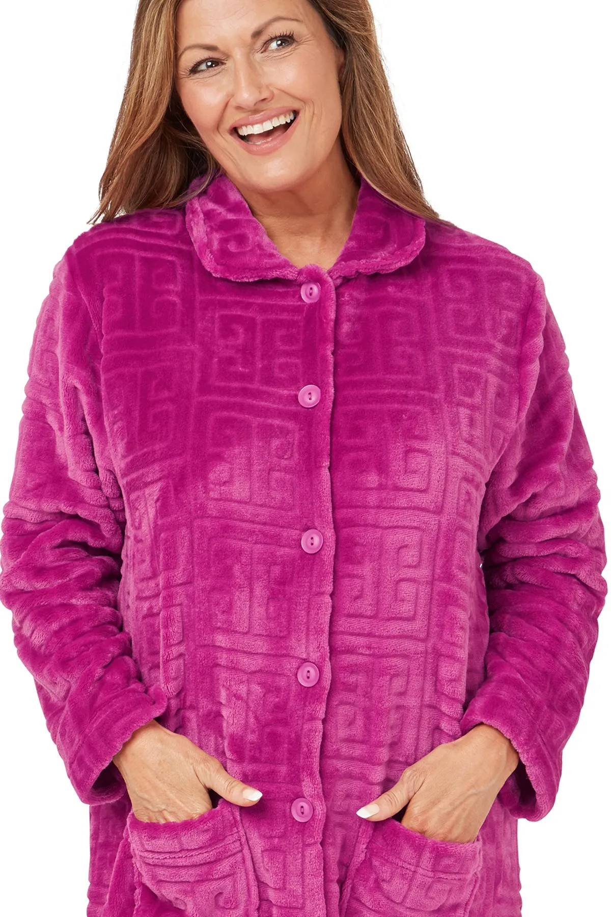 Greek Key Motif Embossed Fleece Button-Through Housecoat