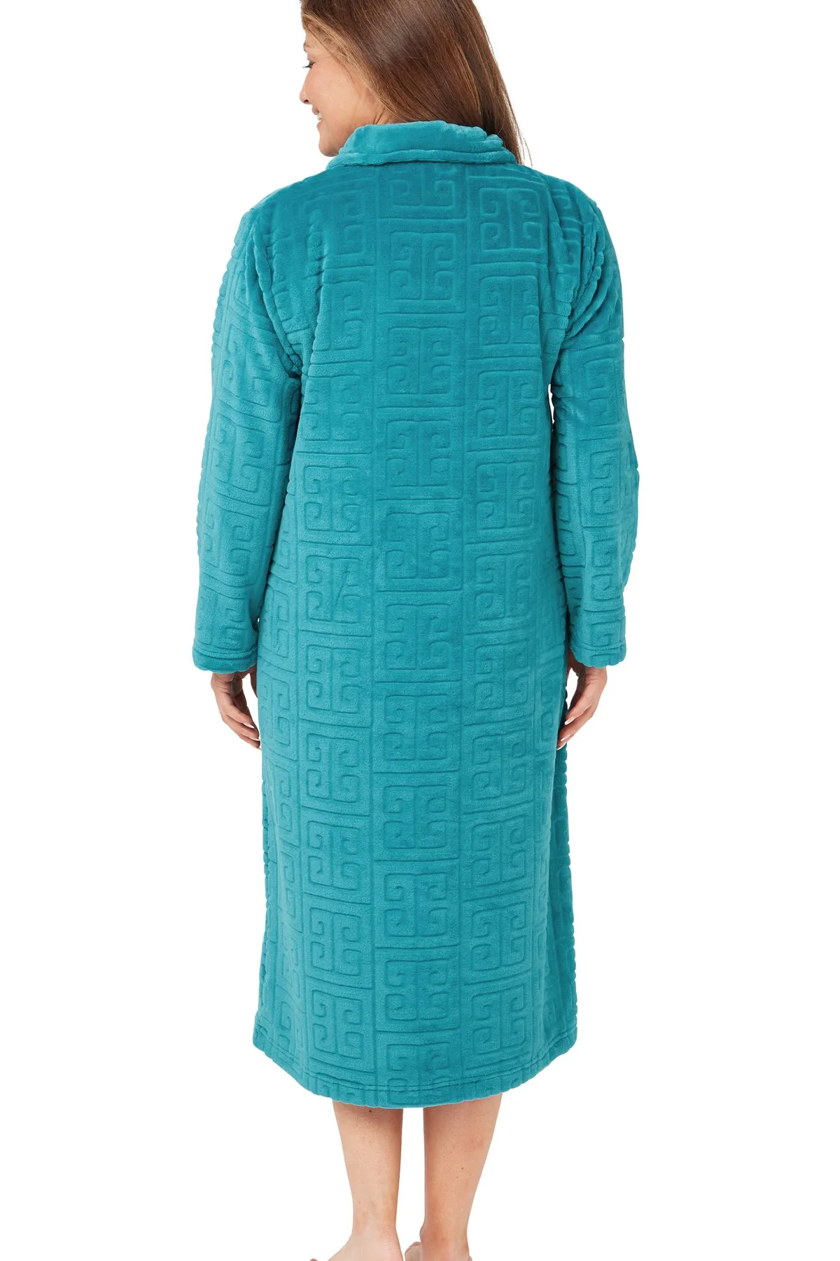 Greek Key Motif Embossed Fleece Button-Through Housecoat