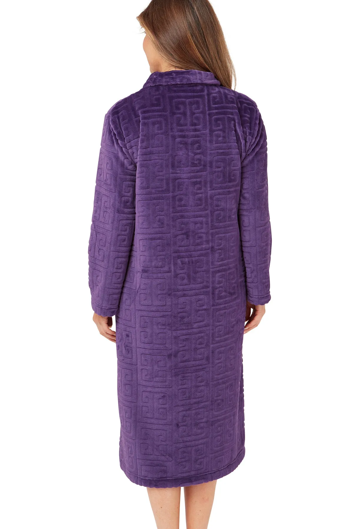 Greek Key Motif Embossed Fleece Button-Through Housecoat