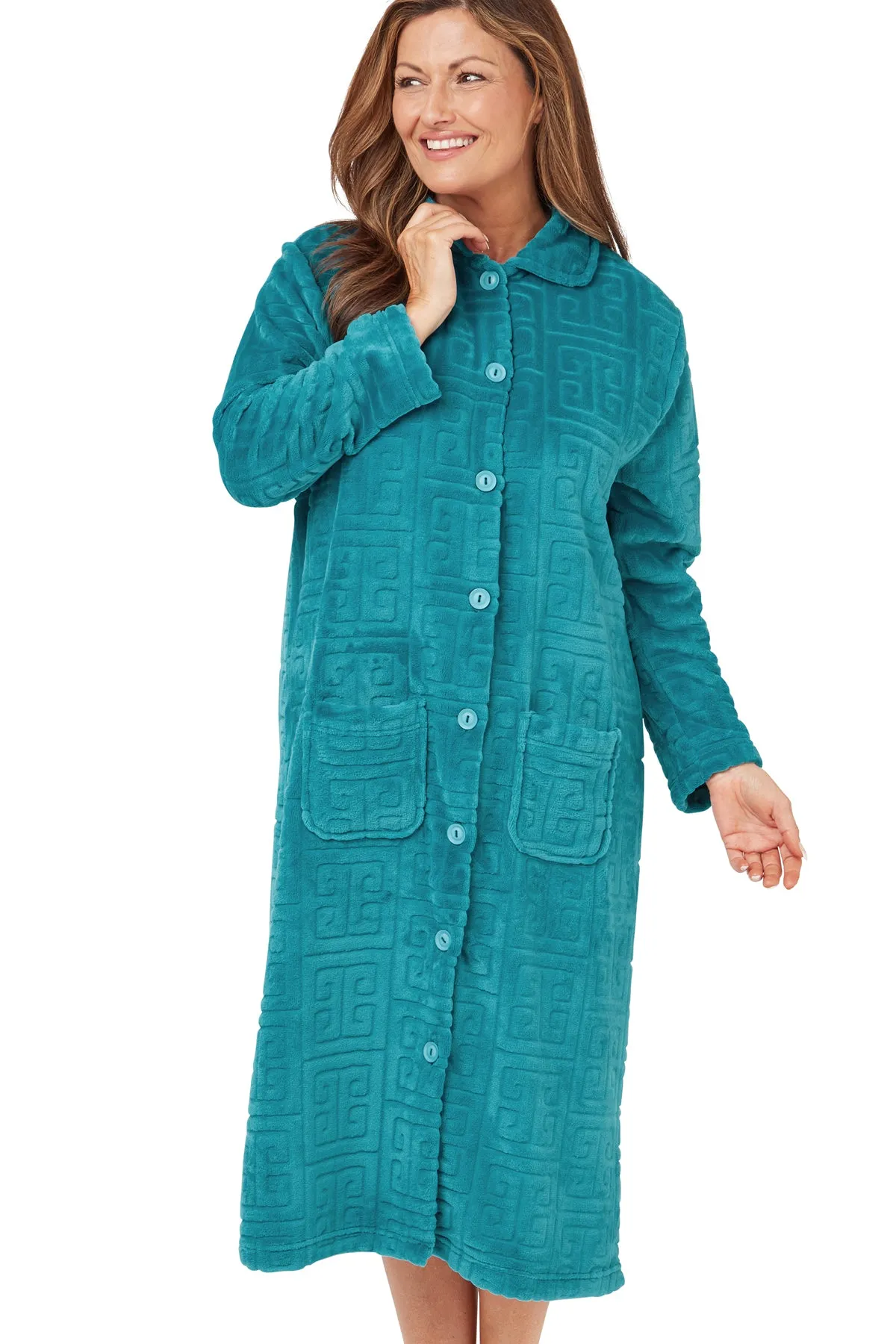 Greek Key Motif Embossed Fleece Button-Through Housecoat