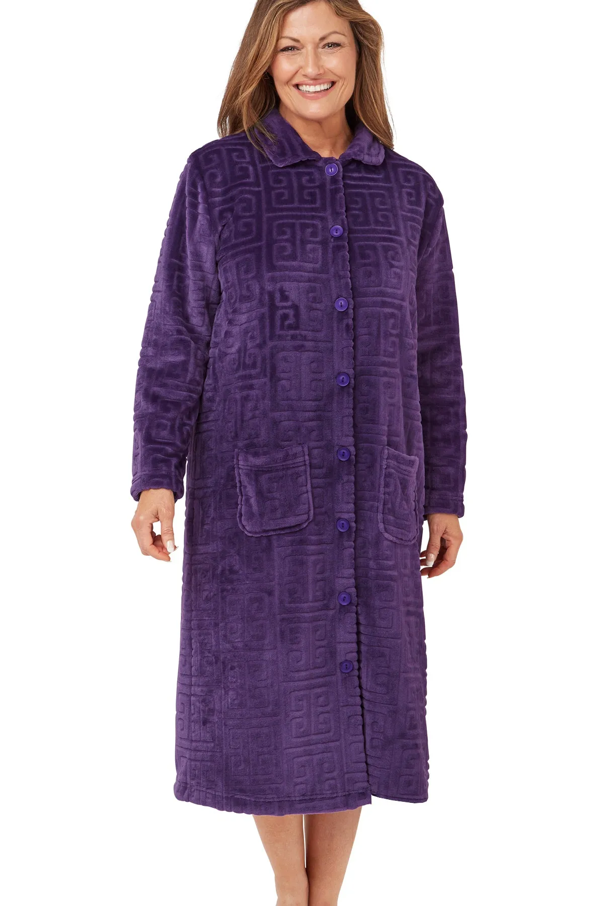 Greek Key Motif Embossed Fleece Button-Through Housecoat