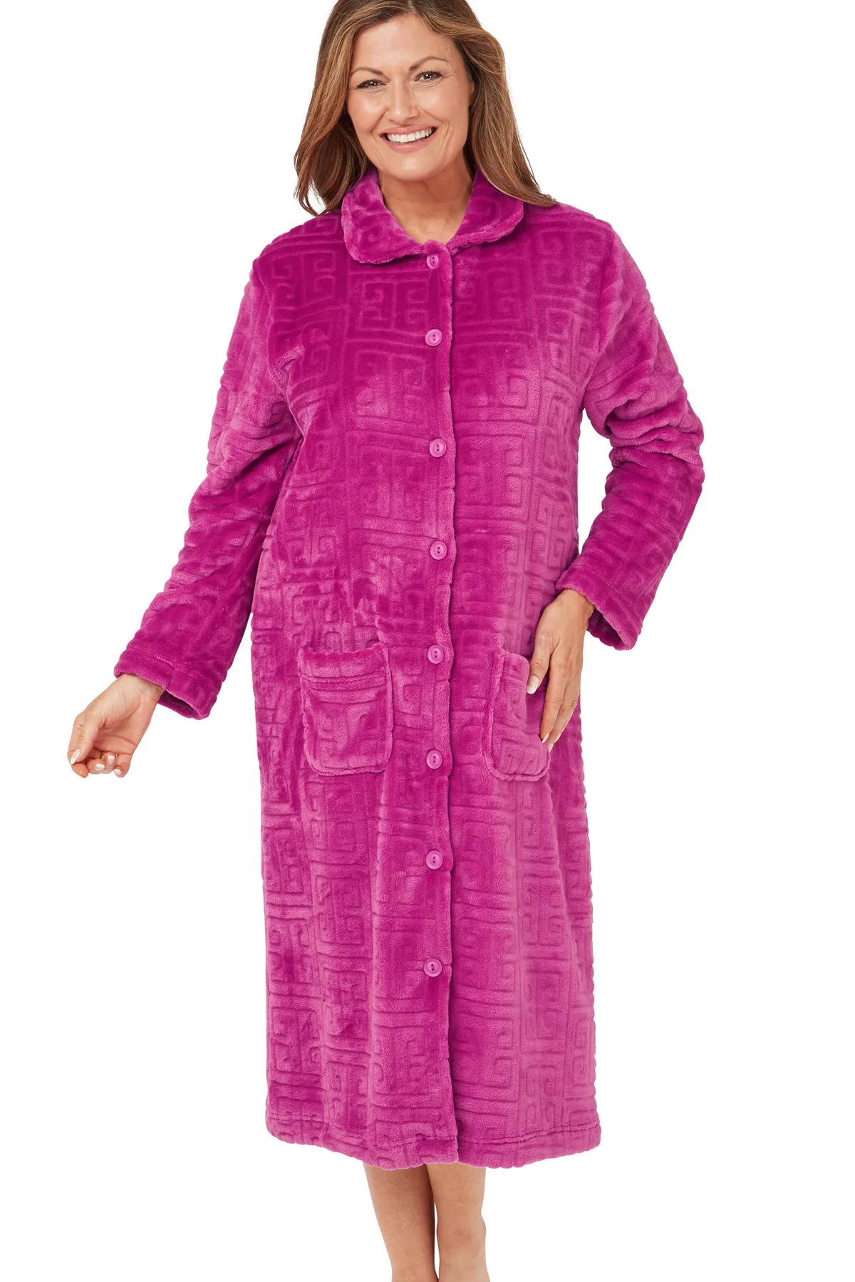 Greek Key Motif Embossed Fleece Button-Through Housecoat