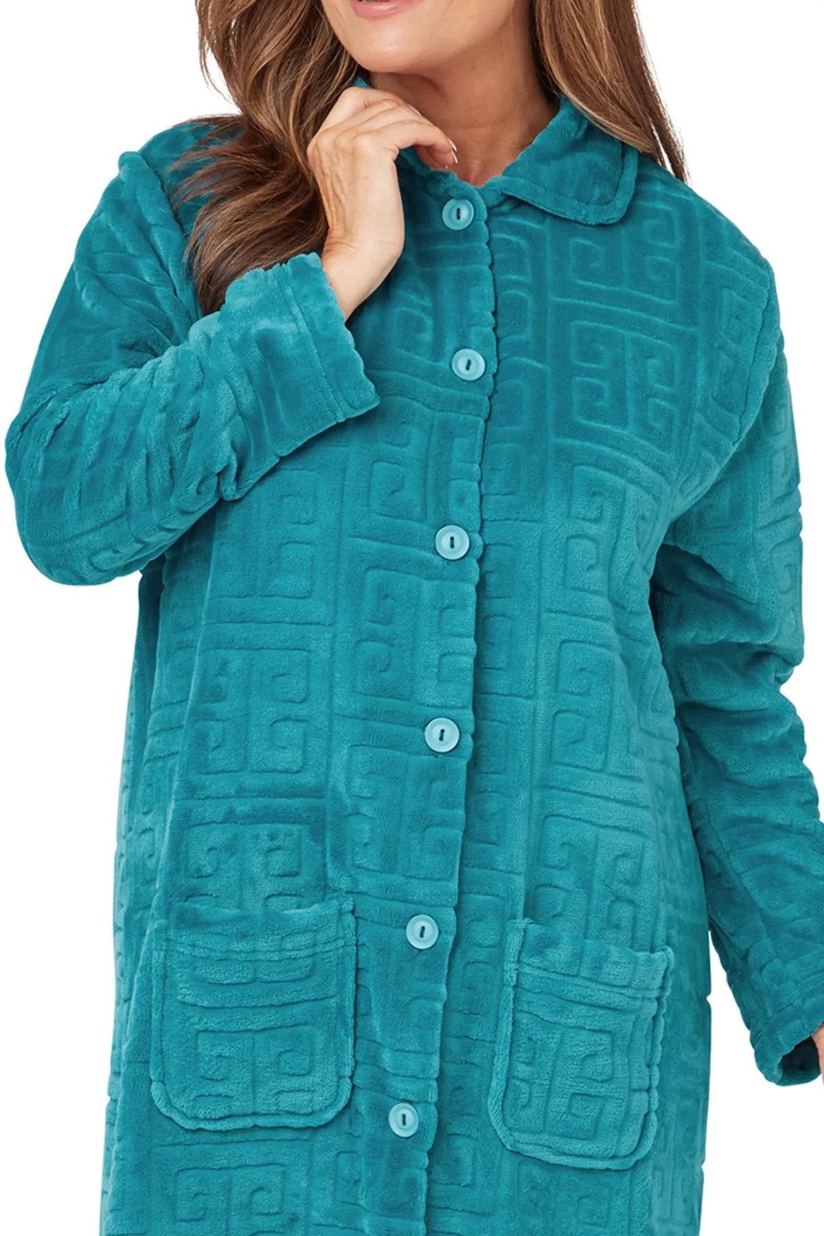 Greek Key Motif Embossed Fleece Button-Through Housecoat