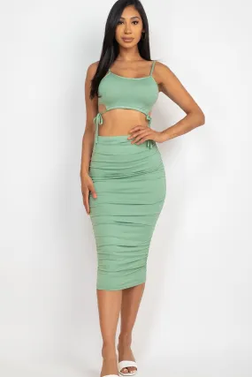 Greey Bay Cut-out Tie Side Crop Top & Ruched Midi Skirt Set_