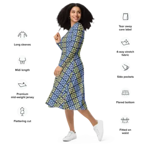 Hot Blue and Yellow Polyester Long Sleeve Midi Dress