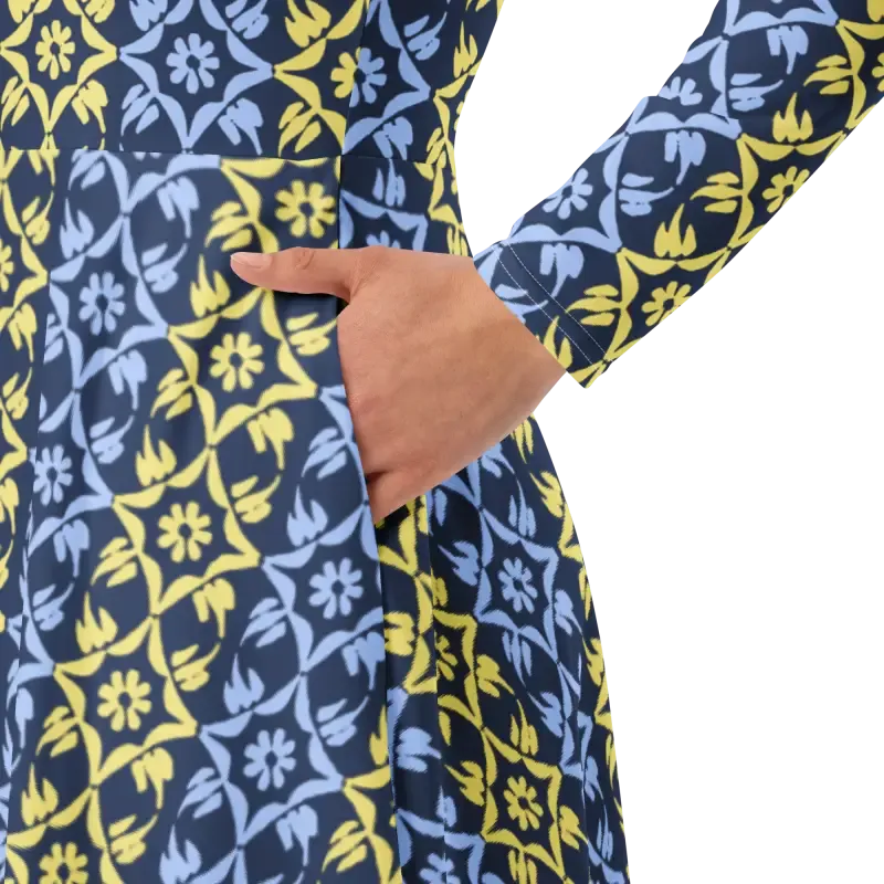 Hot Blue and Yellow Polyester Long Sleeve Midi Dress