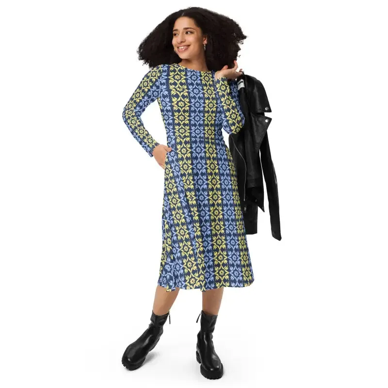 Hot Blue and Yellow Polyester Long Sleeve Midi Dress