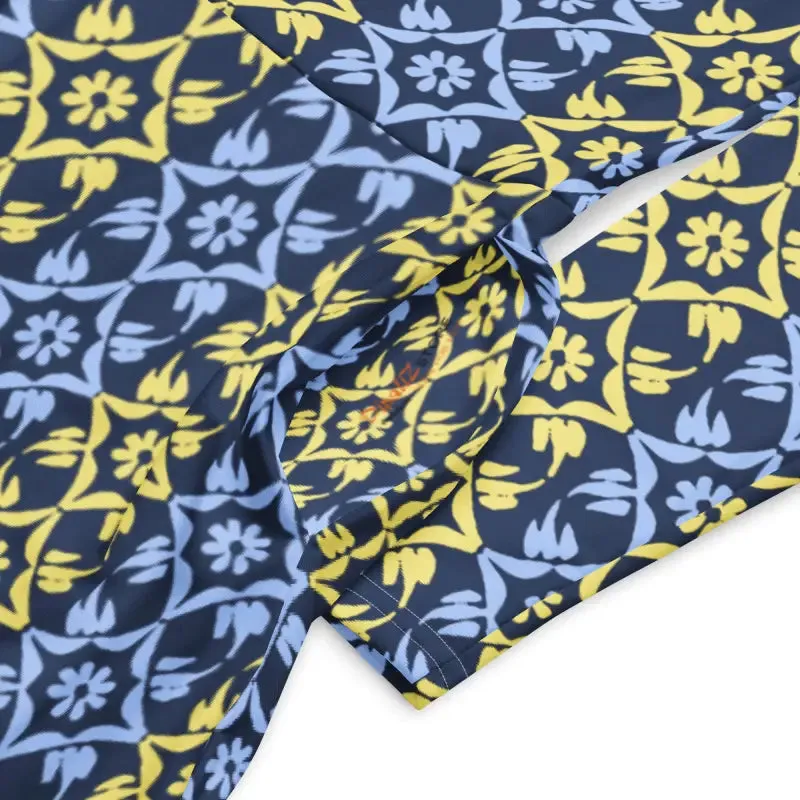 Hot Blue and Yellow Polyester Long Sleeve Midi Dress