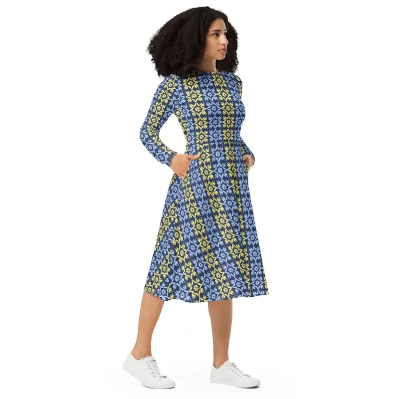 Hot Blue and Yellow Polyester Long Sleeve Midi Dress