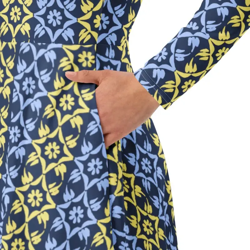 Hot Blue and Yellow Polyester Long Sleeve Midi Dress