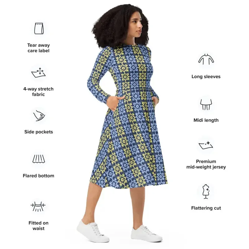 Hot Blue and Yellow Polyester Long Sleeve Midi Dress