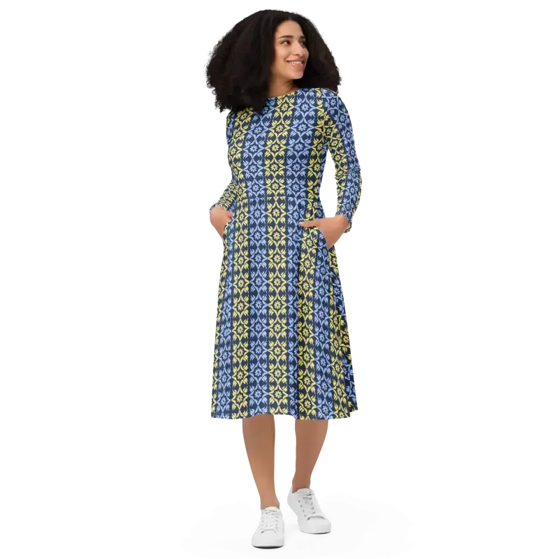 Hot Blue and Yellow Polyester Long Sleeve Midi Dress