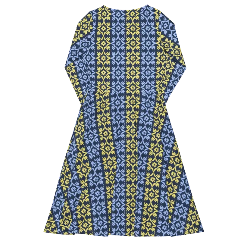 Hot Blue and Yellow Polyester Long Sleeve Midi Dress