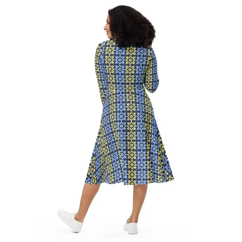 Hot Blue and Yellow Polyester Long Sleeve Midi Dress