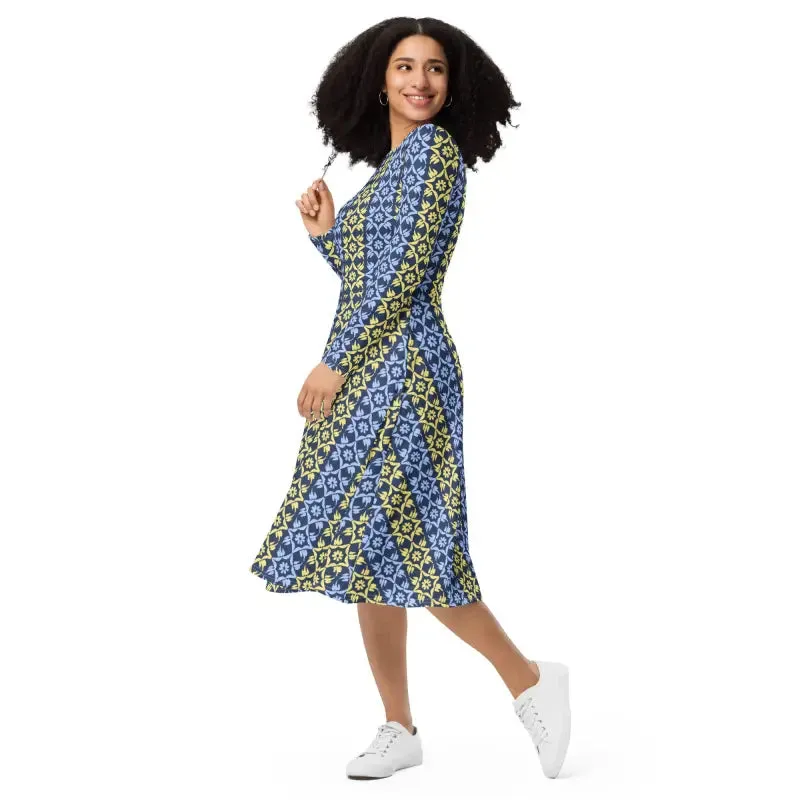 Hot Blue and Yellow Polyester Long Sleeve Midi Dress