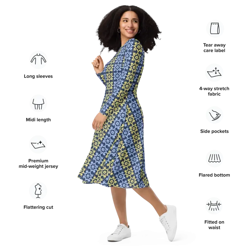 Hot Blue and Yellow Polyester Long Sleeve Midi Dress