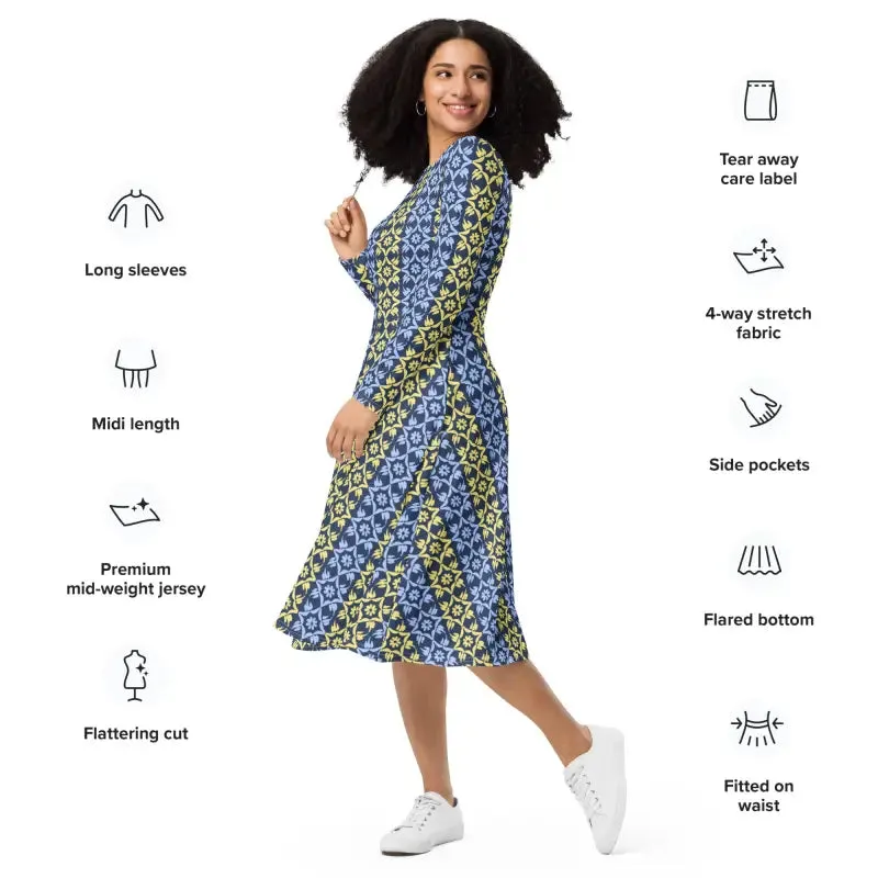 Hot Blue and Yellow Polyester Long Sleeve Midi Dress