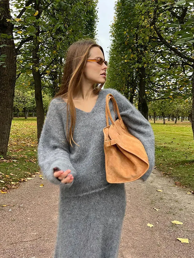 JOSKAA Women Solid Mohair Skirt Loose 2 Piece Set V Neck Long Sleeve Knit Sweater Midi Skirts Suit Autumn Fashion Elegant Party Outfits