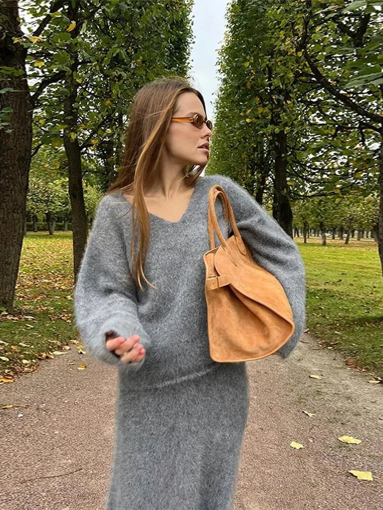 JOSKAA Women Solid Mohair Skirt Loose 2 Piece Set V Neck Long Sleeve Knit Sweater Midi Skirts Suit Autumn Fashion Elegant Party Outfits