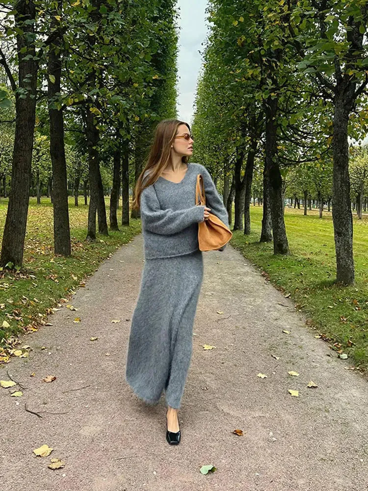 JOSKAA Women Solid Mohair Skirt Loose 2 Piece Set V Neck Long Sleeve Knit Sweater Midi Skirts Suit Autumn Fashion Elegant Party Outfits