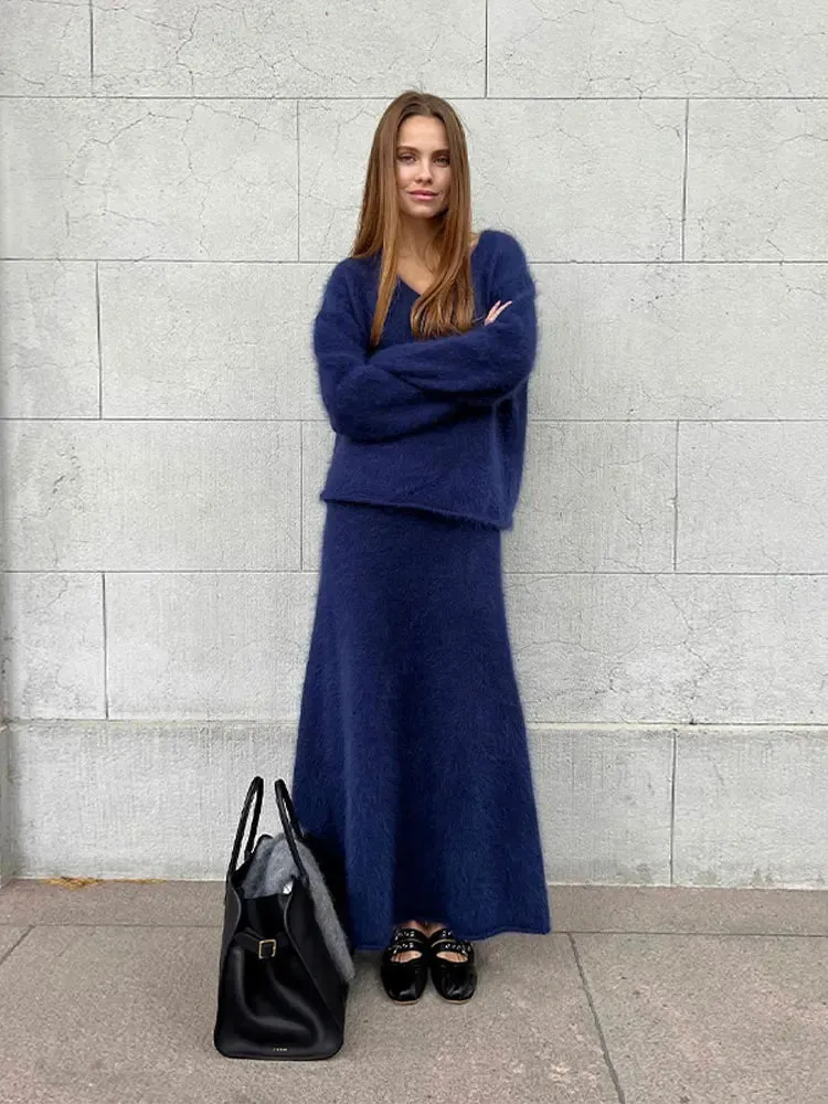 JOSKAA Women Solid Mohair Skirt Loose 2 Piece Set V Neck Long Sleeve Knit Sweater Midi Skirts Suit Autumn Fashion Elegant Party Outfits