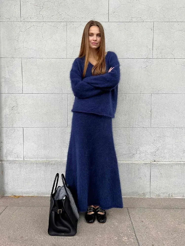 JOSKAA Women Solid Mohair Skirt Loose 2 Piece Set V Neck Long Sleeve Knit Sweater Midi Skirts Suit Autumn Fashion Elegant Party Outfits