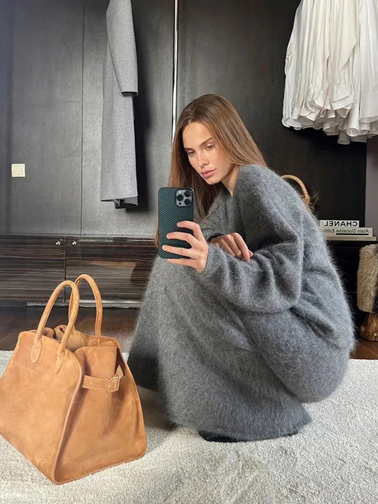 JOSKAA Women Solid Mohair Skirt Loose 2 Piece Set V Neck Long Sleeve Knit Sweater Midi Skirts Suit Autumn Fashion Elegant Party Outfits