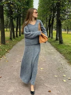 JOSKAA Women Solid Mohair Skirt Loose 2 Piece Set V Neck Long Sleeve Knit Sweater Midi Skirts Suit Autumn Fashion Elegant Party Outfits