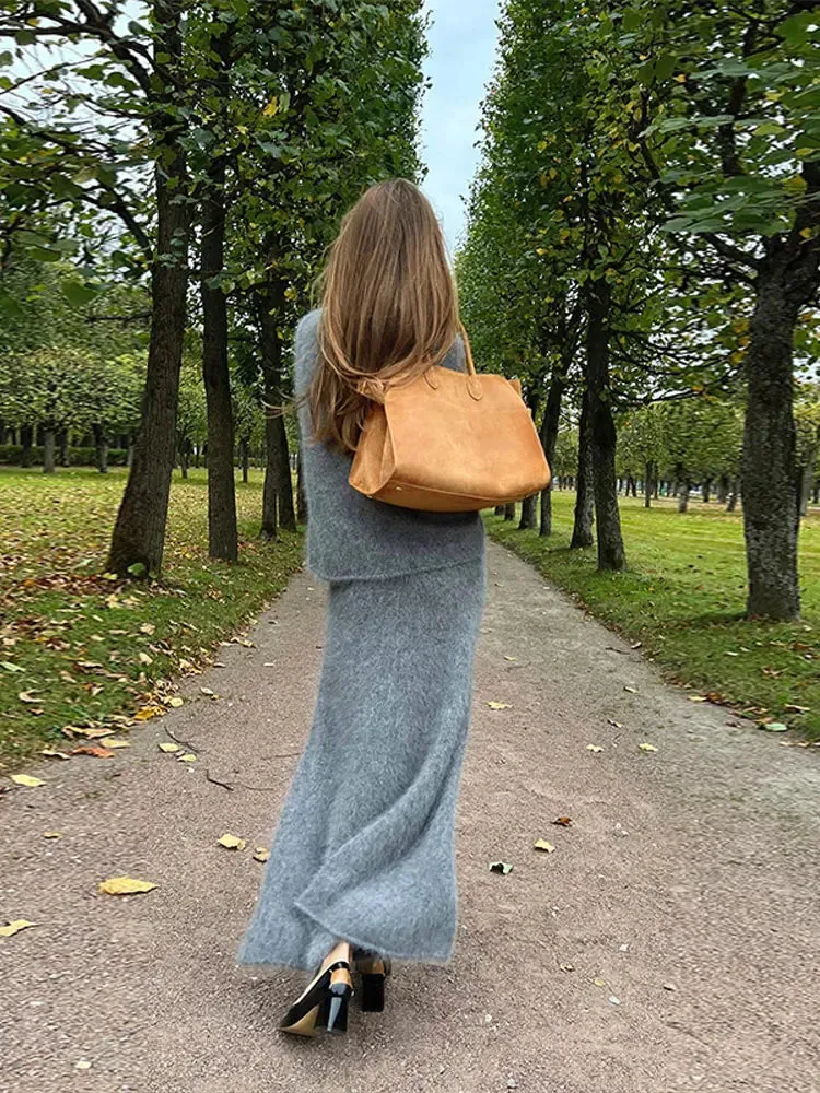JOSKAA Women Solid Mohair Skirt Loose 2 Piece Set V Neck Long Sleeve Knit Sweater Midi Skirts Suit Autumn Fashion Elegant Party Outfits