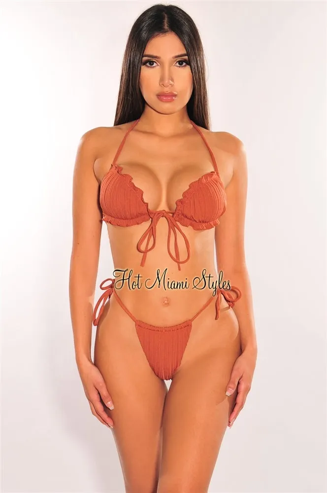 Latte Ribbed Padded Ruffle Tie Up Bikini Bottom