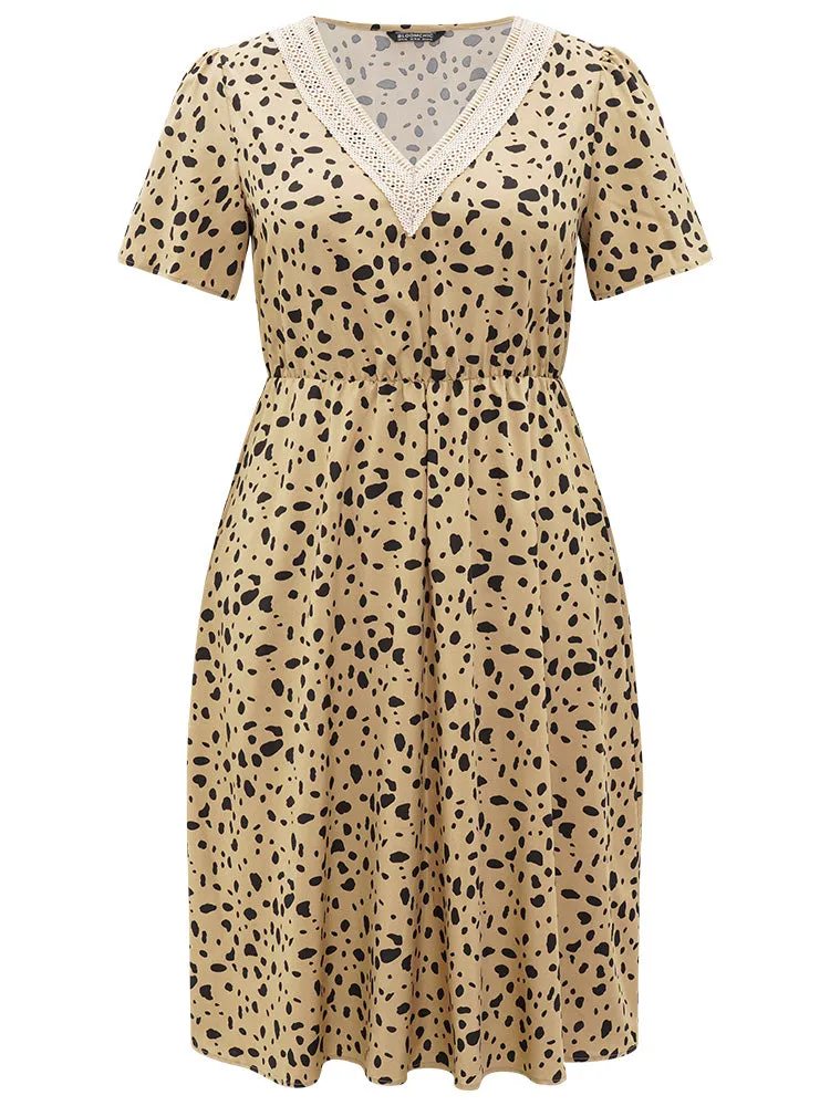 Leopard Print Patchwork Elastic Waist Pocket Dress
